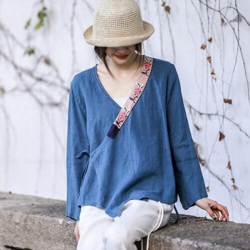 Women Shirt Blouse Chinese Traditional Hanfu Top Oriental Retro Fashion Cotton Linen Zen Tea Tang Suit Print Loose Cardigan Coat
