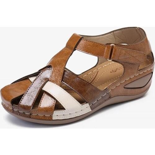 2021 Retro Women Breathable Leather Rome Sandals Fashion Ladies Wedge Heels Slip-on Shoes Female High Top Office Dress Heels