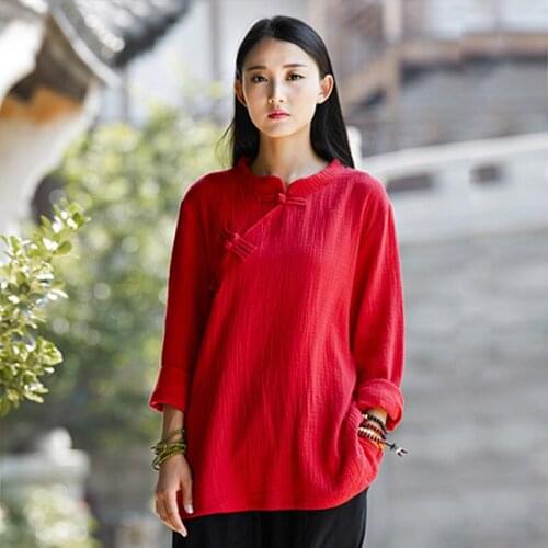 Women Cotton Linen Shirts Stand Collar Vintage Casual Solid Blouses Long Sleeves Tops Autumn High Quality Shirts Plus Size M-6XL