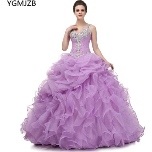 Lavender Quinceanera Dresses Ball Gown Beaded Crystal Ruffles Sheer Back Sweet 16 Dress Debutante Gowns Vestidos De 15 Anos