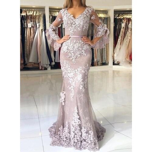 Blush Pink 2019 Modern Lace Mermaid Prom Dresses V Neck Long Sleeves Backless Elegant Formal Dresses Evening Wear vestidos