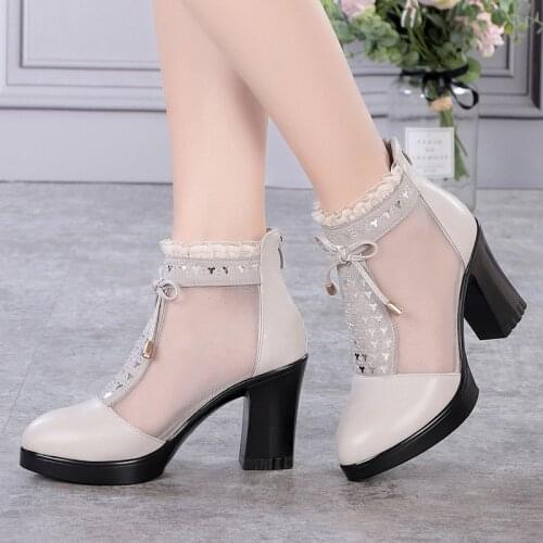 2021 Spring Summer Boots Fashion Rhinestones Gauze Sandals Thick Heels Mesh Cool Boots Hollow Out High Heels Womens Shoes