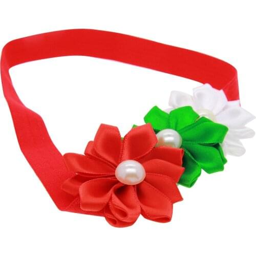 50pcs newest Xmas Girl ribbon triple pearl flowers Headbands Christening hair bands Princess Hair Accessories SD046