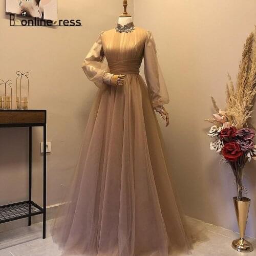 Bbonlinedress Champagne Moroccan Evening Dress Caftan Beaded Appliques Long Caftan Prom Dress Long Sleeve High Neck Party Dress