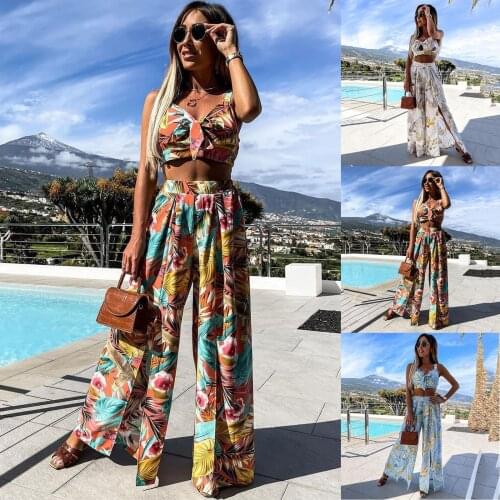 Boho Print Pant Sets Summer Women 2 Piece Sets Spaghetti Strap Crop Tops Split Wide Leg Pants 2021 Sexy Beach Vacation Outfits