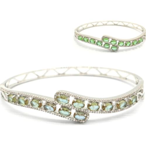 59x29mm Deluxe 18g Real Green Emerald White Cubic Zircon For Women Dating Silver Cuff Bangle Bracelet 7.5inch