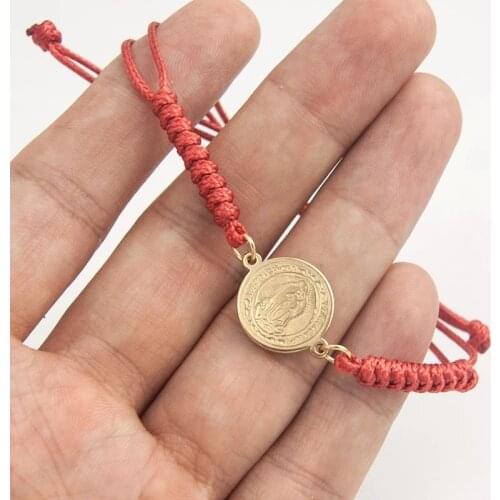 Stainless Steel Virgin Mary Bracelets Gold/Silver Color Metal Virgen Maria Bracelet Braided Cotton Cord Bracelets Adjustable