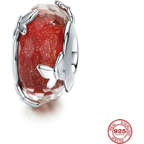 New 925 Sterling Silver Butterfly Red Color Murano Glass Beads Fit Original Pandora Charm Bracelet Diy Jewelry Making