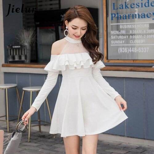 Elegant Sexy Dress Off Shoulder High Waist Long Sleeve Hollow Ruffles 2020 Autumn A-line Dresses Black Red White Vestidos S-XXL