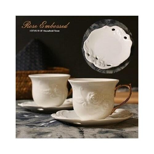 European Coffee Cup Saucer Porcelain British Tea Cups Set Relief Rose White Ceramic Cup Bone China Jogo De Xicaras Saucer EE50BD
