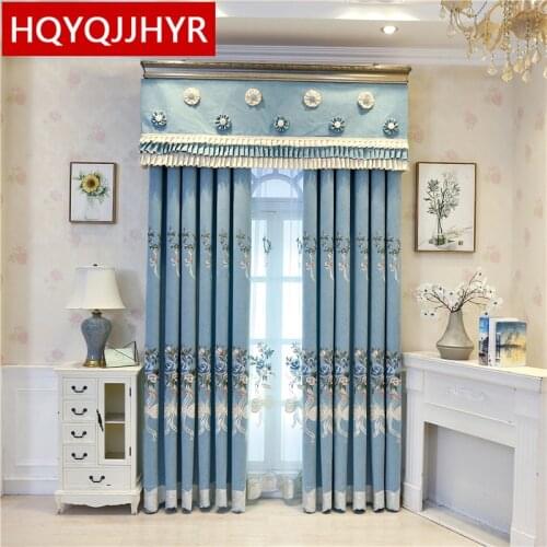 European pastoral high quality embroidered blue blackout curtains for bedroom living room hotel apartment kitchen custom curtain