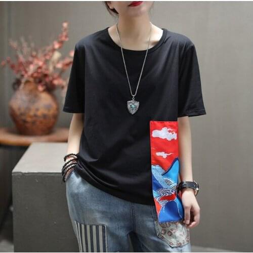 Summer Tshirts Women Casual Patchwork Print Asymmetric Loose Female Fashion Tees Wild
