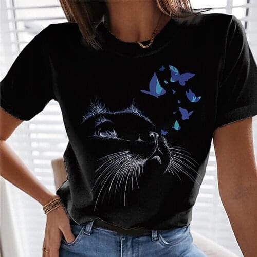 Graphic Tee Fashion 3D Animal Printed O-Neck Women Tee Shirt Casual Cats Butterfly Prints Tshirt Summer Top Short Sleeve T-Shirt