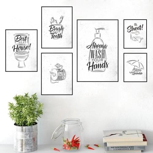 Brush Teeth Wash Hands Toilet Quote Picture Bathroom Wall Decor Canvas Painting Art Poster Black White Washroom Prints Cuadros