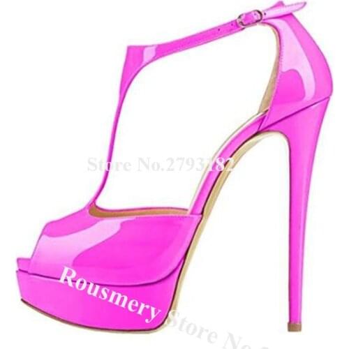 Classical Design Peep Toe Patent Leather High Platform Stiletto Heel Pumps Rose Red Yellow Grey T-strap High Heels Dress Heels