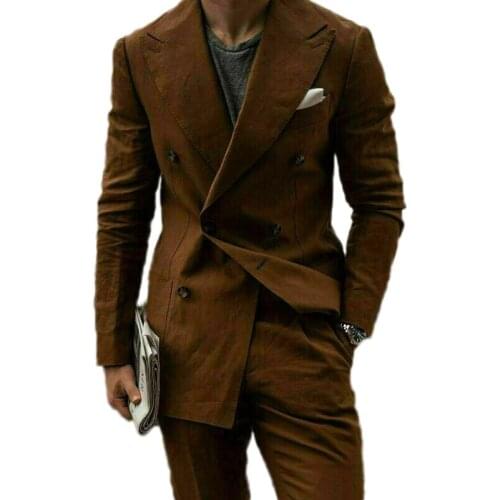 Brown Mens Suit Peak Lapel Double Breasted Work Wear Dinner Casual Tailored Fit Tuxedo Groom Suits For Men Wedding Coat + Pants