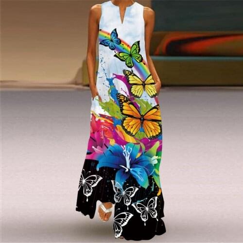 Summer Boho Maxi Dress Women V-neck Sleeveless Printed Long Dress Casual Plus Size Beach Dresses With Pockets vestidos de mujer