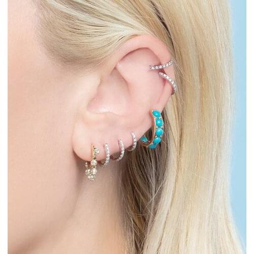 2021 Top Sale 925 Sterling Silver Mini Pave Nano Turquoises Stone Hoop Earrings Women Lovely Girl Fashion Classic Circle Jewelry