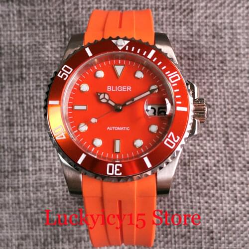 BLIGER Orange NH35A Movement Selfwinding Men Wristwatch Curved End Rubber Band Sapphire Glass Magnifier See-through Back