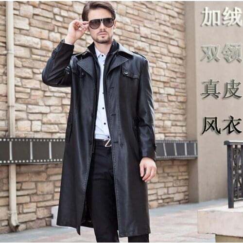Plus velvet long leather coats men removable collar coat mens leather trench coats thicken black autumn winter fashion M- 3XL