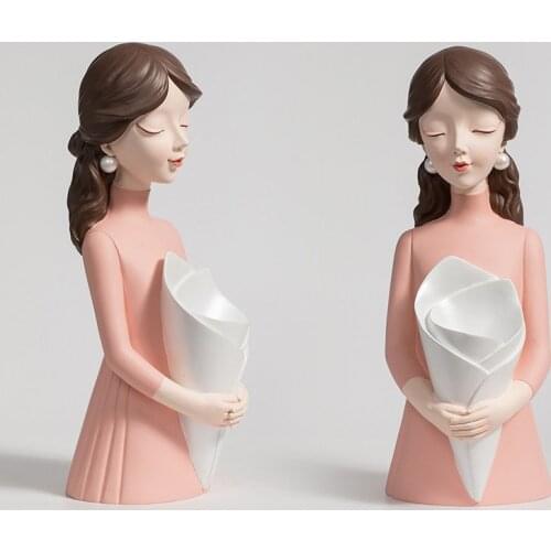 Nordic Style Resin Girl Model Flower Vase Ornament Bouquet Girl Sculpture Decorative Living Room Flower Arrangement Wedding Gift