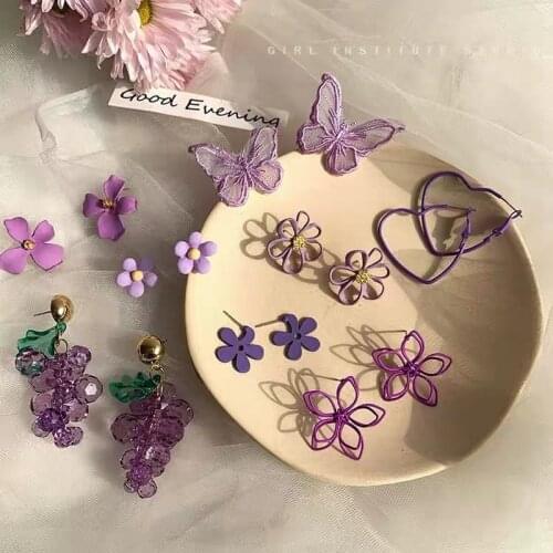 2020 New Design Purple Flower Butterfly Drop Earrings for Women Sweet Fairy Mystery Shiny Crystal Resin Lace Earring Jewelry