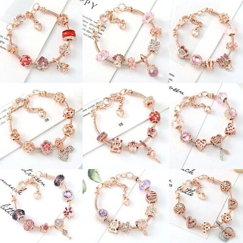 2021 New Rose Gold Love Heart Extension Chain Charm Lady Bracelet, DIY Mushroom Rose Crystal Pendant Charm Woens Bracelets Gifts