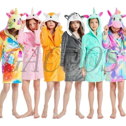New Winter Boys Girls Bath Robe Childrens Unicorn Hooded Flannel Pajamas Lengthen Bathrobes for Girls Boys Cartoon Pajamas Robe