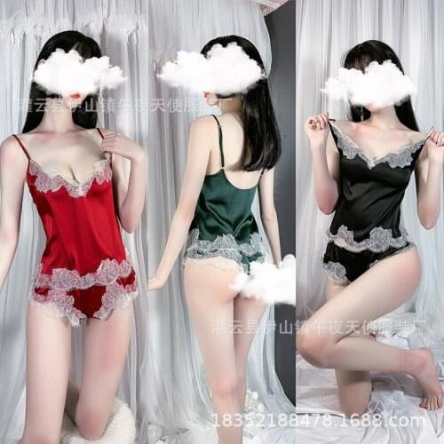 Summer Womens Pajamas Sets 2Pcs Suit Sexy Sling Shorts Lace Nightwear Soft Ice Silk Home Skirt Set Sleepwear Nightgown Lingerie