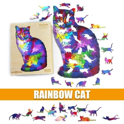 Rainbow Cat Wooden Animal Puzzle Children Wood DIY Crafts Animal Shaped Wooden Jigsaw Fabulous Interactive Puzzles Toys Gift
