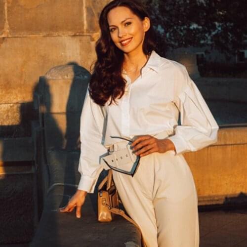 2021 Lantern Sleeve Elegant Shirt White Black Sexy Button Vintage Blouse Loose Turn Down Collar Office Lady Shirt Female Casual