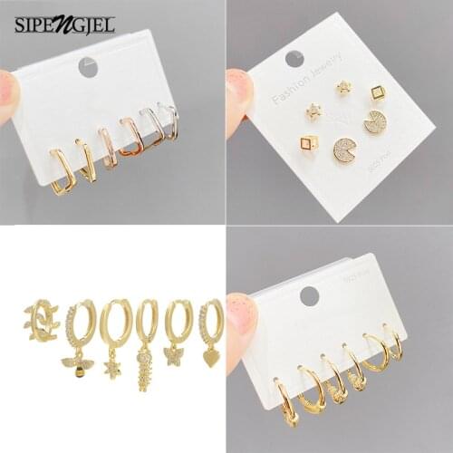 SIPENGJEL Fashion Geometric Round Circle Huggie Earrings Set 6 Pcs Gold Color Flower Hoop Earrings For Women Jewelry Gift