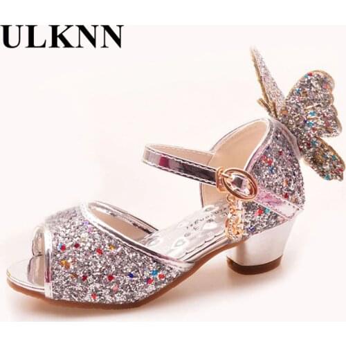 ULKNN Girls Sandals Rhinestone Butterfly pink Latin dance shoes 5-13 years old 6 children 7 summer high Heel Princess shoes kids