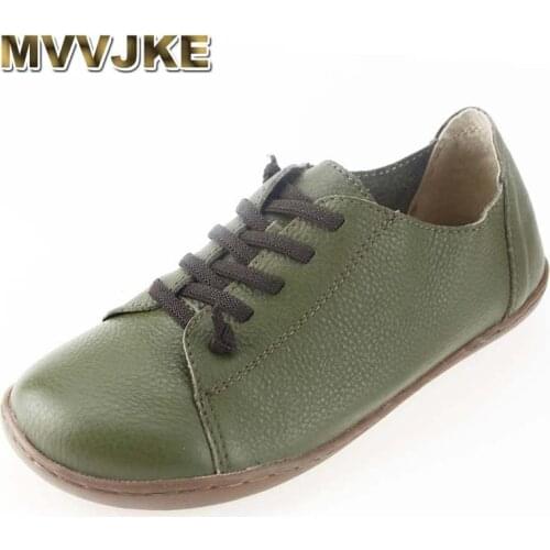MVVJKE Women Shoes Flat 100% Authentic Leather Plain toe Lace up Ladies Shoes Flats Woman Moccasins Female Footwear