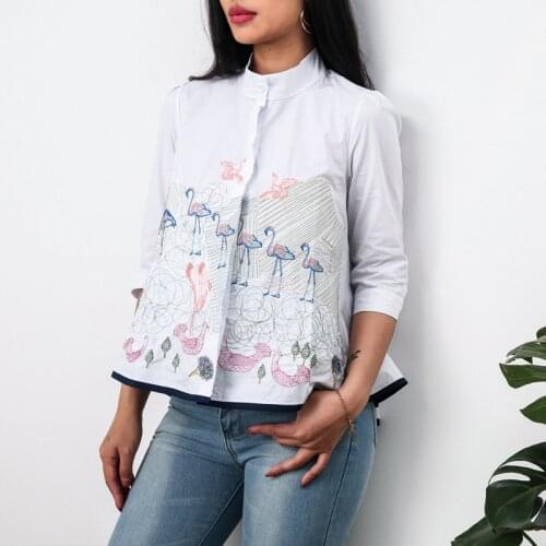 Crane Embroidery Shirt Tops Women Summer Autumn Fashion 3/4 Sleeve Casual Blouses Ladies White Doll Shirts
