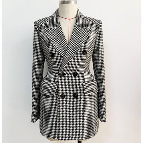 Free Shipping High Quality Long Blazers Women Warm Autumn Winter Double Breasted Houndstooth Woolen Blazer Jackets Elegant Lady