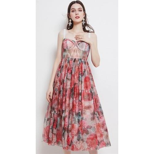 2021 Summer Rose Floral Bohemian Holiday Dress Womens Spaghetti Strap Backless Sexy Strapless Cup Mesh Flower Print Beach Dress