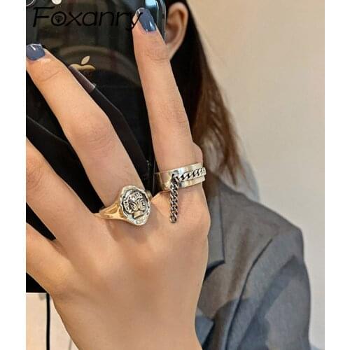 Foxanry INS Fashion 925 Sterling Silver Chain Tassel Rings for Women Trendy Simple Lady Face Elegant Birthday Party Jewelry Gift