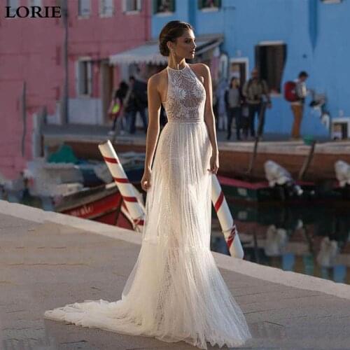 LORIE Mermaid Wedding Dresses 2019 Vestidos de novia High Neck Lace Sexy Bridal Gown Detachable Train Boho Wedding Gowns