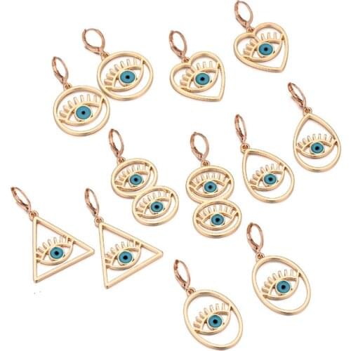 1Pair Turkish Evil Eye Metal Hollow Earrings For Women New Vintage Heart Waterdrop Triangle Blue Lucky Eye Hoop Earrings Jewelry