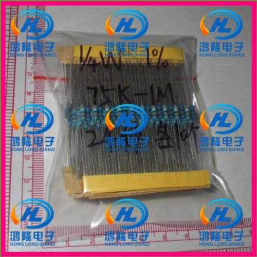 240PCS/lot 1/4W 24valuesX10pcs=240pcs Metal Film Resistor Kit 75K~1M Resistor Pack 0.25W 1% samples psck Assorted Kit