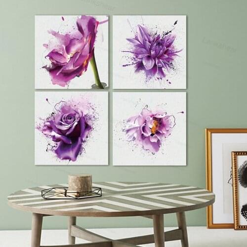 4 Panels New Purple Flower Wall Art Painting Abstract Poster Prints on Canvas Home Decor for Living Room Decoration