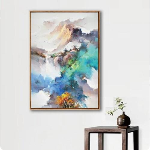 Abstract Colored Mountain Painting Chinese Style Green Hill Yellow Tree Wall Picture Landscape Painting For Living Room Home Dec