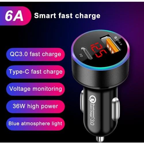 2.4A Car Charger 36W Fast Charging For Samsung Huawei iphone 11 LED Display Quick 4.0 3.0 USB Type C Mobile Phone PD Car Charger