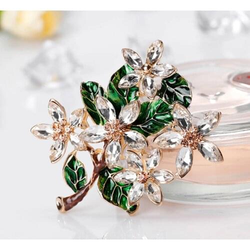 Green Tree Shiny Crystal Brooches Resin Brooch Drop Oil Enamel Pins for Girls Women Party Gifts Floral Jewelry Accessories
