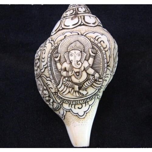 Nepal Buddhism Conch Shell carving Elephant Jambhala Trumpet Horn Buddha statue