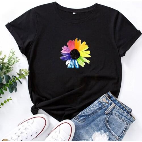 Colorful Daisies Print T Shirt Women Short Sleeve Tshirts Cotton Women O-neck Loose Tee Shirt Femme White Camisetas Mujer Tops