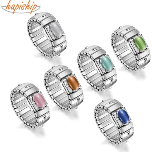 Hapiship 2018 Women Jewelry 9mm Width Stainless Steel Opals Elastic Ring Size 7 For Best Friend Wife Birthday Gift RS02