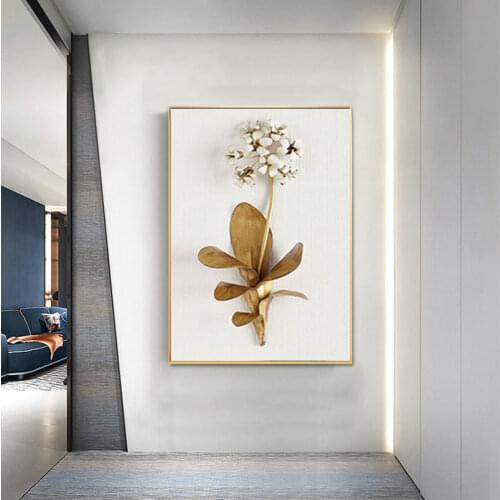 Golden Plant Leaves and Flowers Canvas Painting Modern Wall Pictures for Living Room Nordic Decoration Flower Art Picture Poster