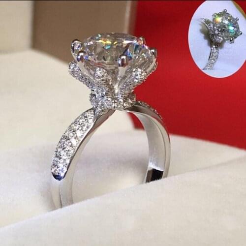 Fashion Jewelry Fashion flower style ring 3ct 5A Zircon stone Silver color Women Engagement Wedding Band Ring Sz 5-11